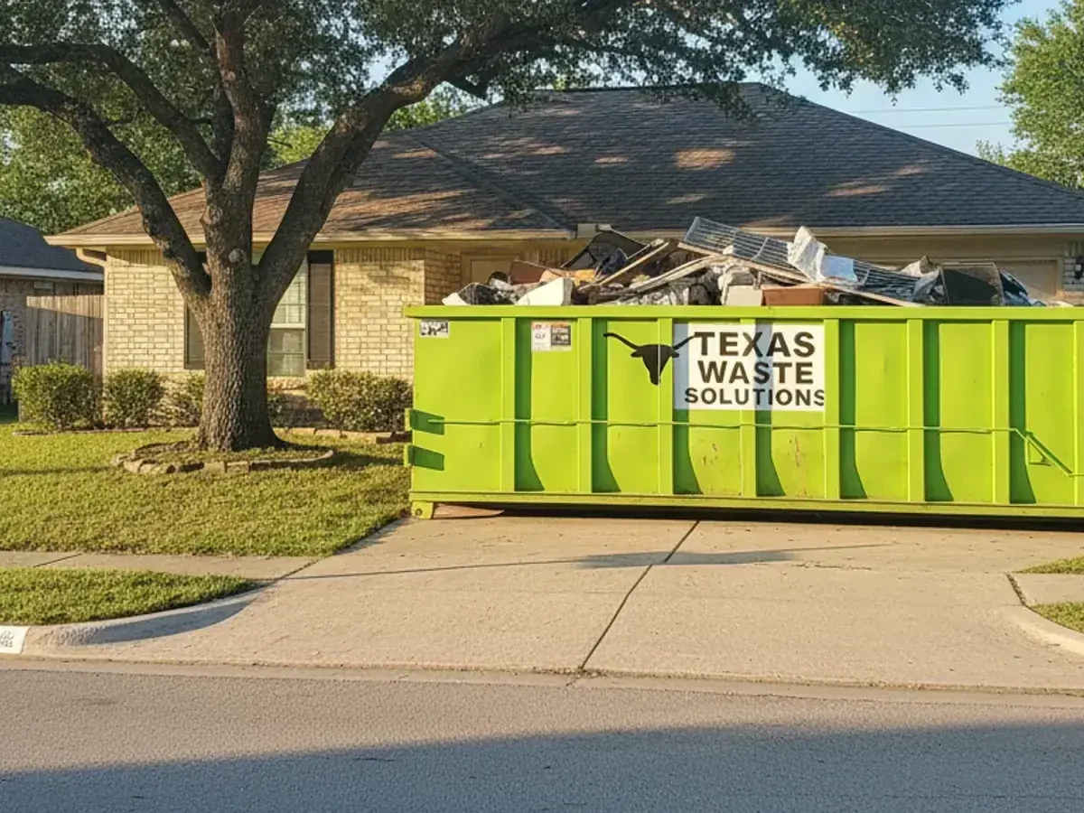 Green roll-off dumpster from Dumpster Rental San Marcos delivered to a residential driveway in San Marcos, TX