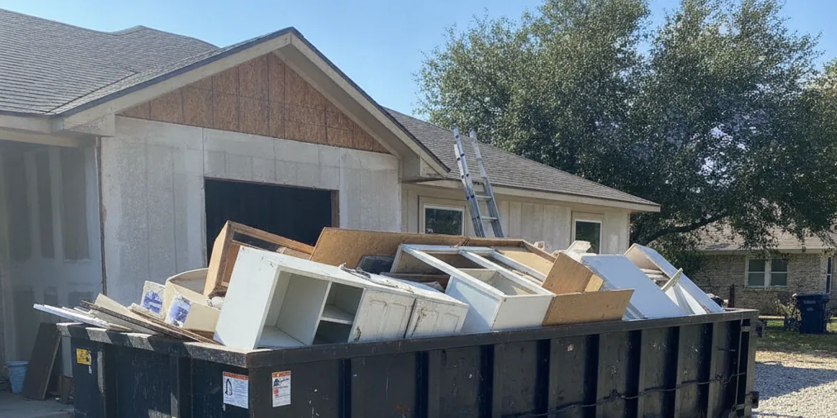 Construction dumpster filled with renovation debris at a San Marcos job site